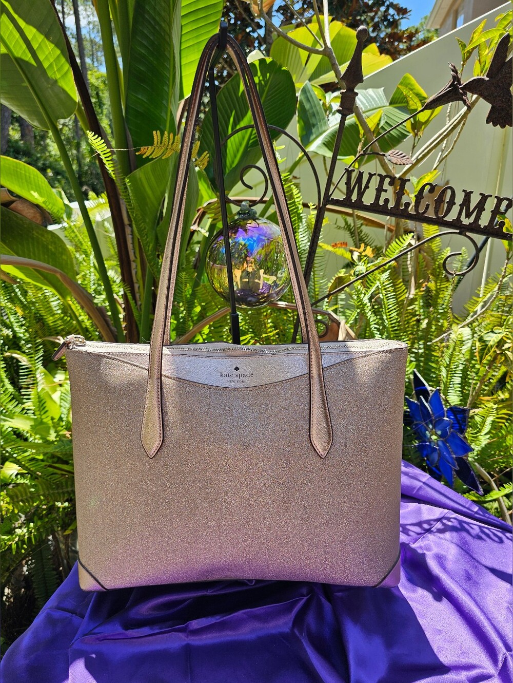 Kate Spade Shimmer Rose Gold Glitter Zip Top Tote Bag